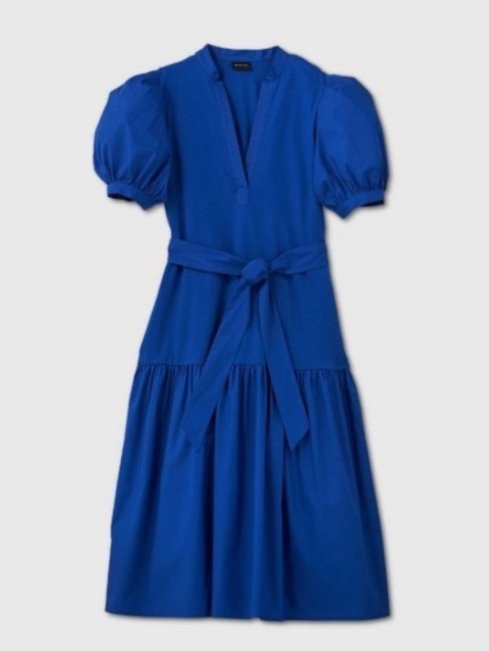 Cobalt Puff-Sleeve Midi Dress with Self Tie Belt